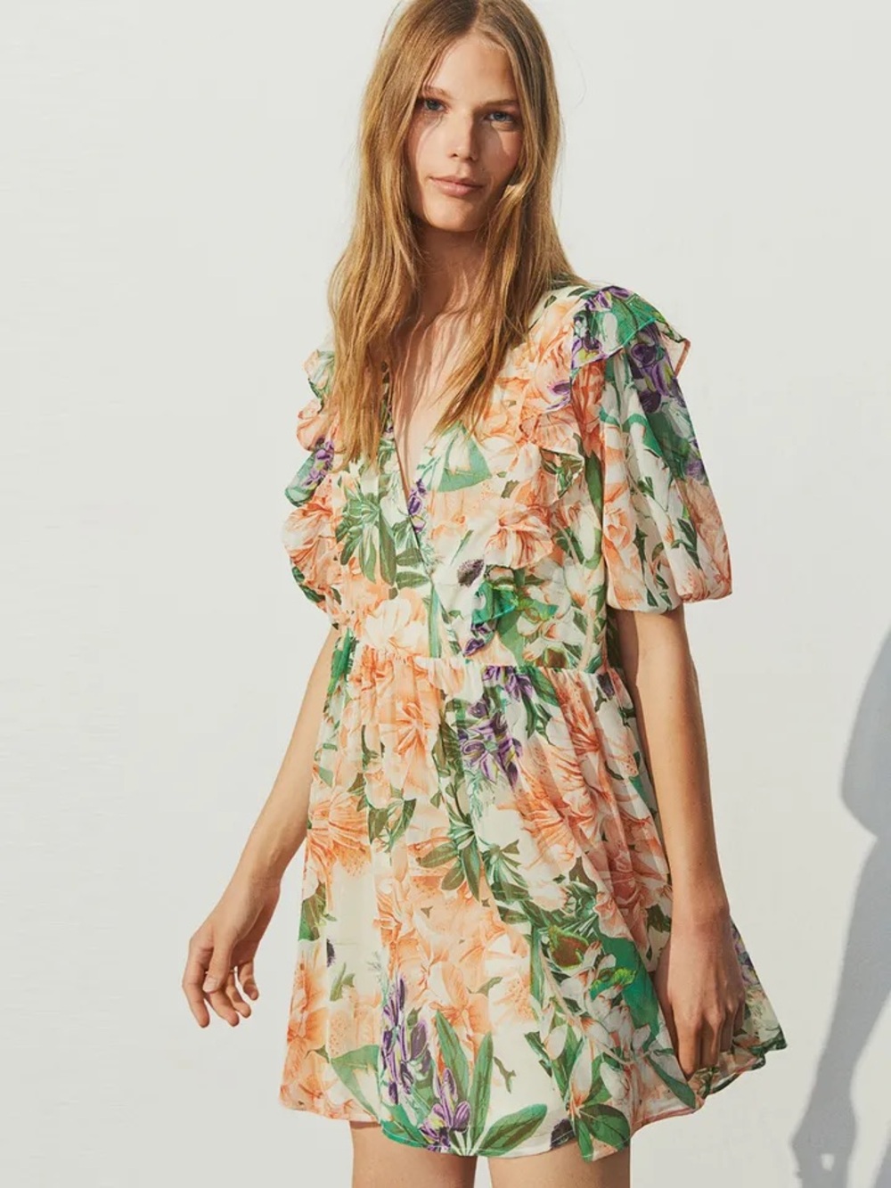 H&M Peach Floral V-Neck Ruffle Mini Dress
